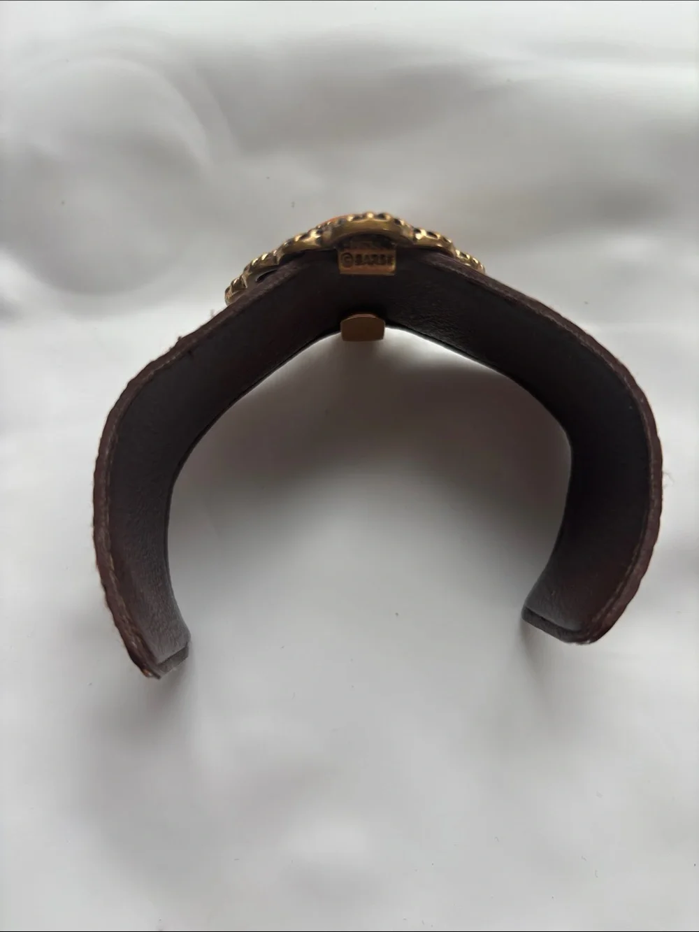 Barse Tooled Leather Band W/ Large Orange Agate Stone In A Copper Setting